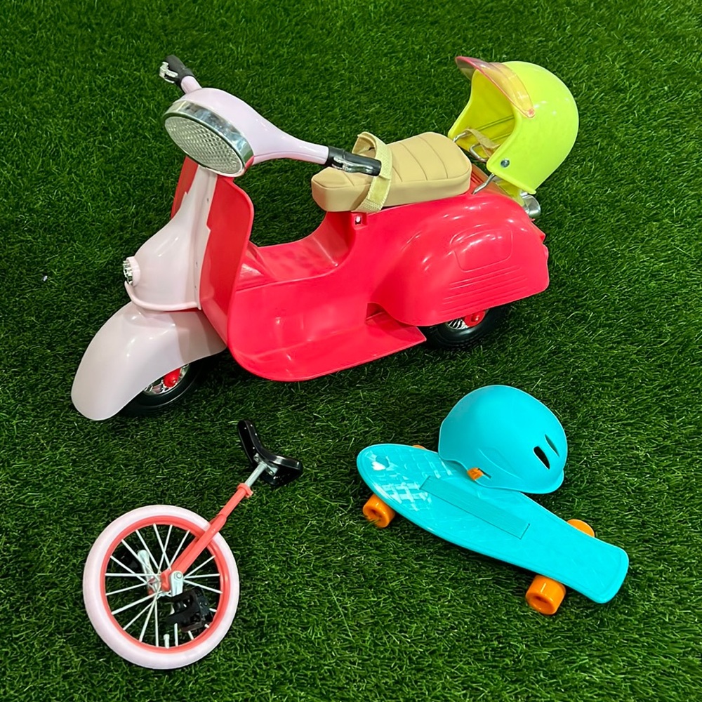 18” Doll -LAND Lot - Moped/Scooter, Unicycle, Skateboard